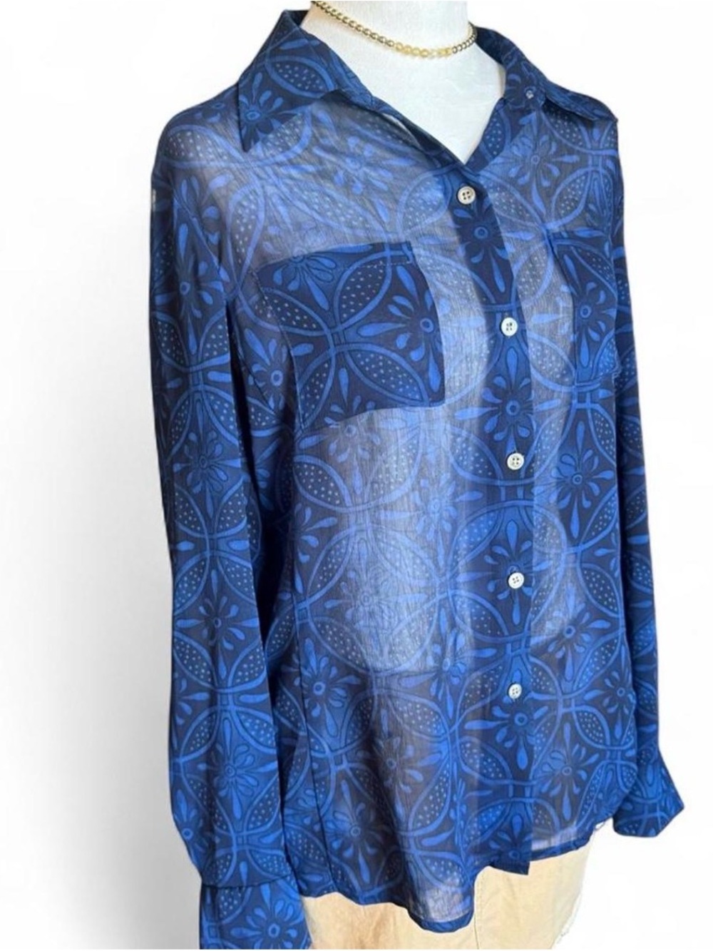 Sheer Navy Blue Geometric Button-Up Blouse